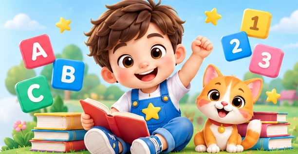 A happy boy reading a book with a kitten, surrounded by letter and number blocks